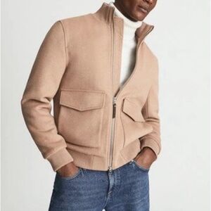 Reiss Men’s Dunstan Wool Full Zip Bomber Beige Tan Jacket Size XXL